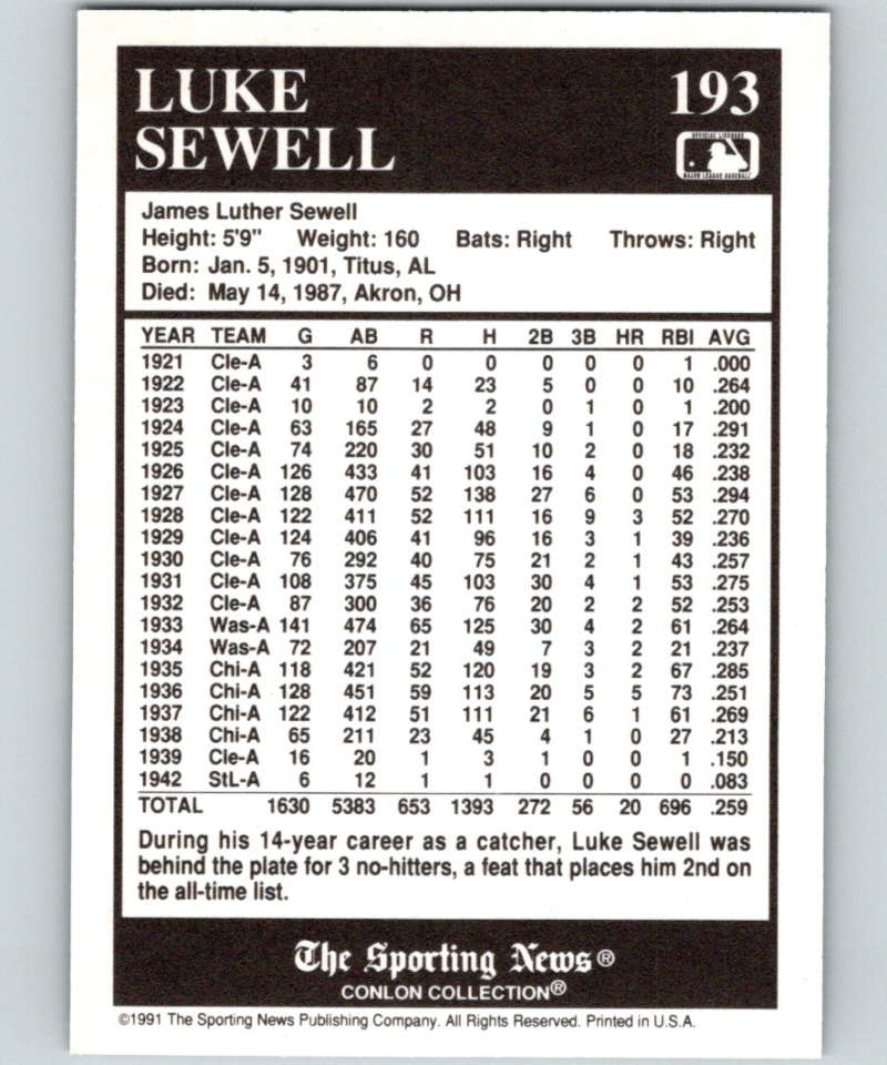 1991 Conlon Collection #193 Luke Sewell NM Cleveland Indians Image 2