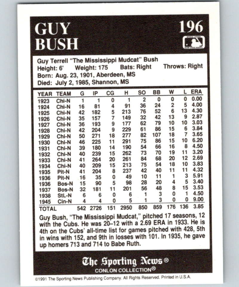 1991 Conlon Collection #196 Guy Bush NM Pittsburgh Pirates Image 2