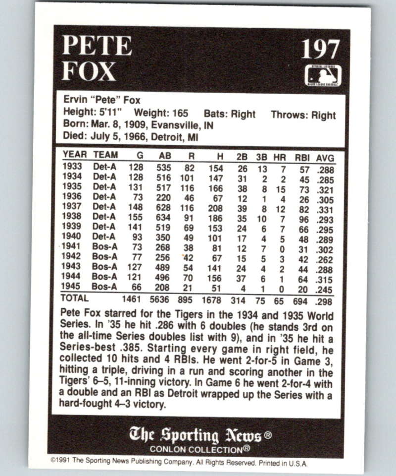 1991 Conlon Collection #197 Pete Fox NM Detroit Tigers  Image 2