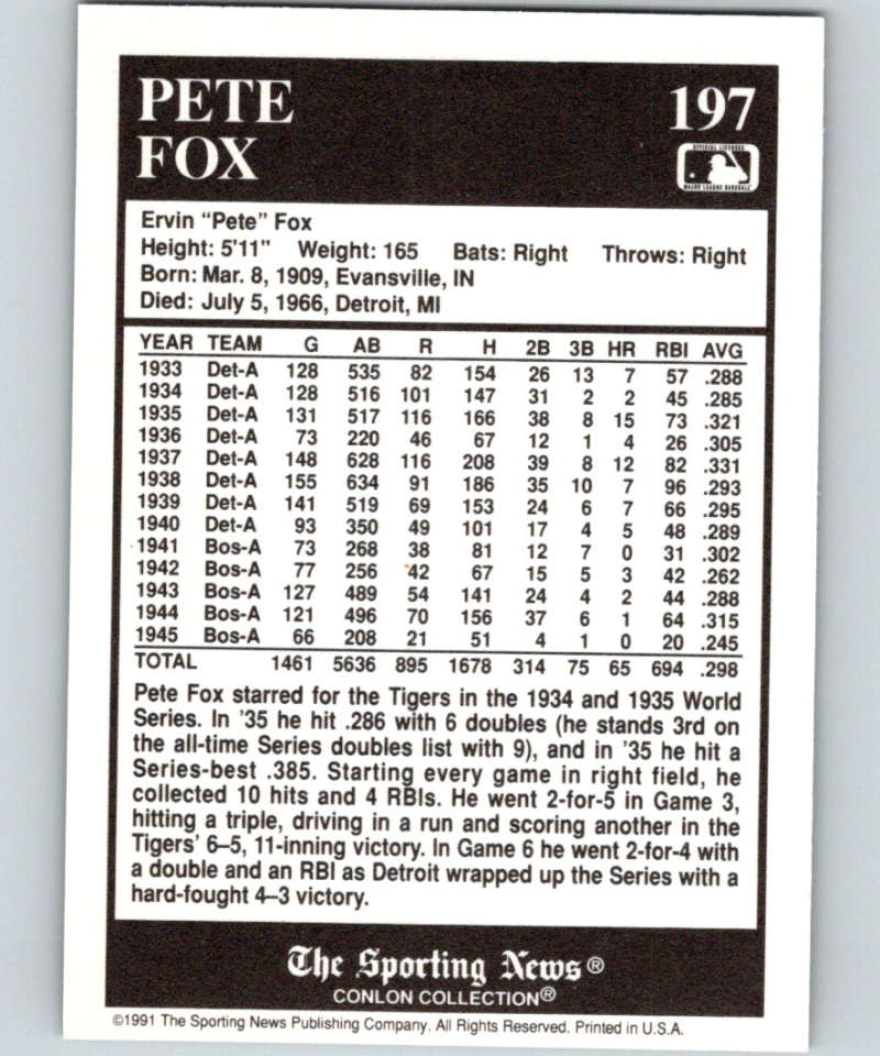 1991 Conlon Collection #197 Pete Fox NM Detroit Tigers Image 2