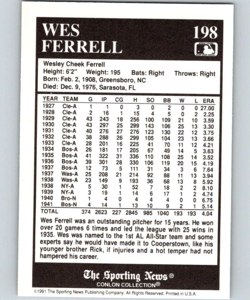 1991 Conlon Collection #198 Wes Ferrell NM Boston Red Sox Image 2
