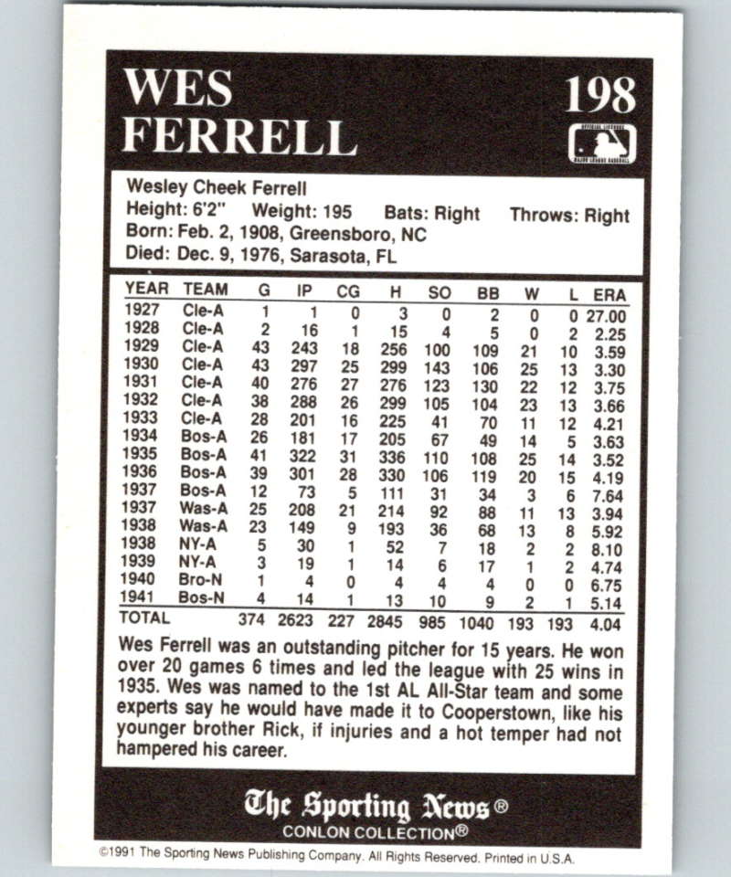 1991 Conlon Collection #198 Wes Ferrell NM Boston Red Sox  Image 2
