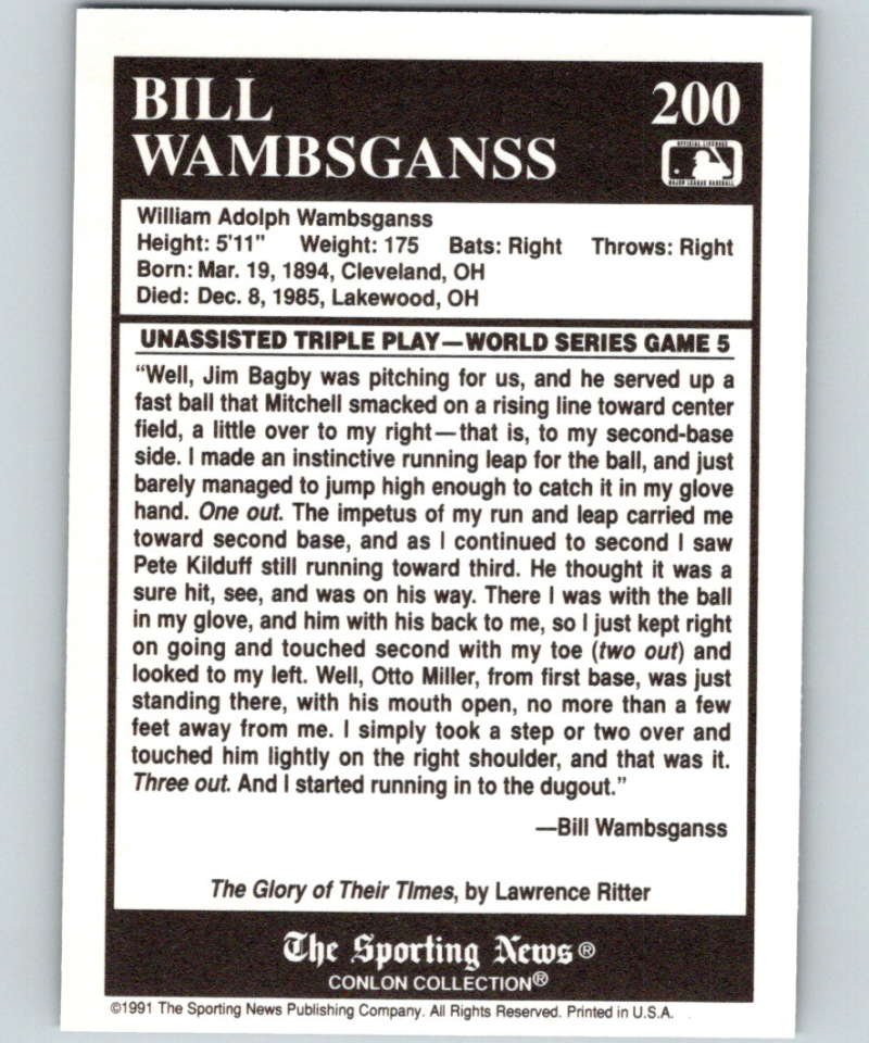 1991 Conlon Collection #200 Bill Wambsganss TP NM Cleveland Indians Image 2