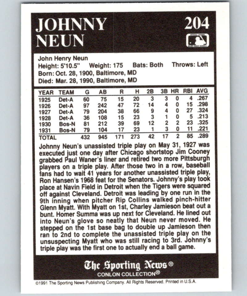 1991 Conlon Collection #204 Johnny Neun TP NM Detroit Tigers Image 2