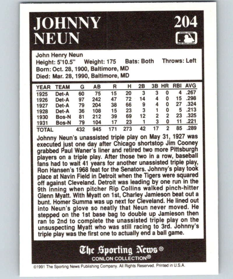 1991 Conlon Collection #204 Johnny Neun TP NM Detroit Tigers  Image 2