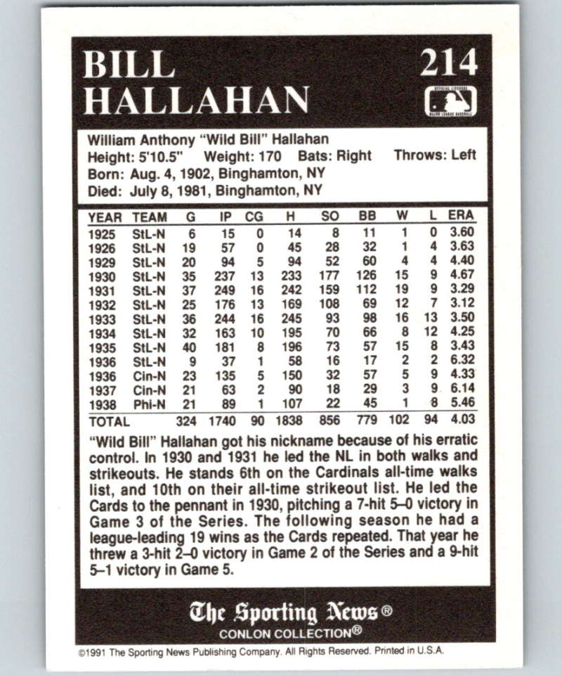1991 Conlon Collection #214 Bill Hallahan NM Cincinnati Reds Image 2
