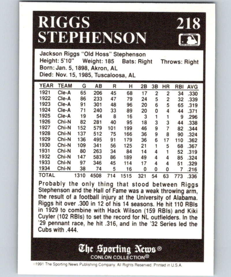 1991 Conlon Collection #218 Riggs Stephenson NM Chicago Cubs Image 2