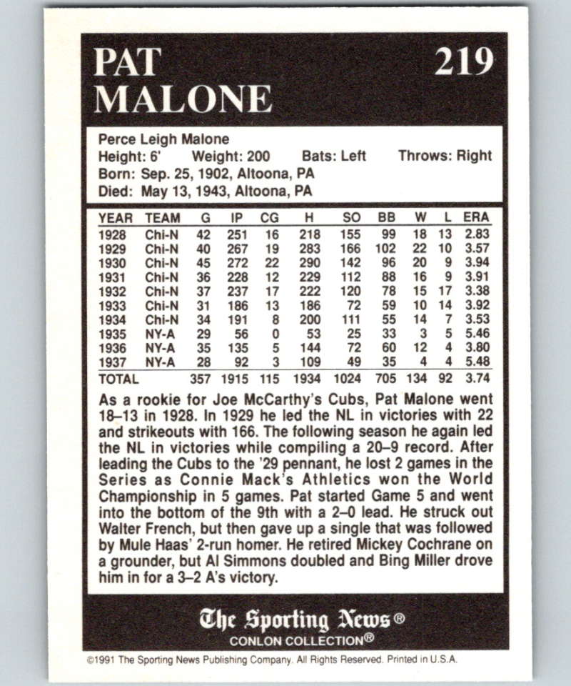 1991 Conlon Collection #219 Pat Malone NM Chicago Cubs Image 2