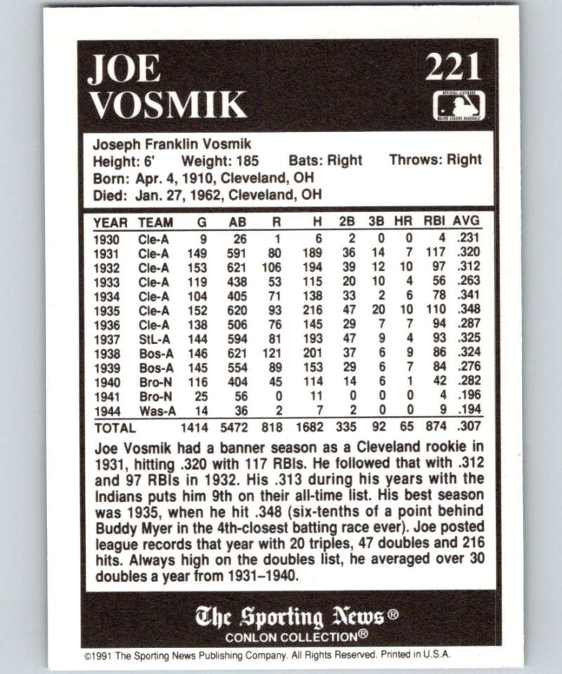 1991 Conlon Collection #221 Joe Vosmik NM Cleveland Indians Image 2