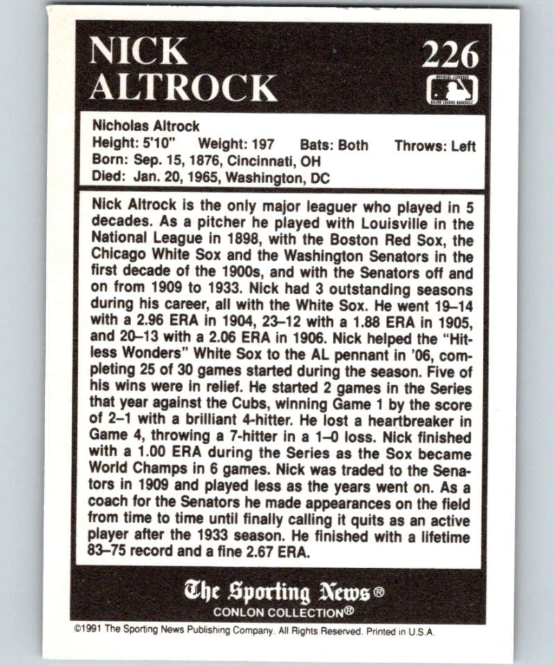 1991 Conlon Collection #226 Nick Altrock TRIV NM Chicago White Sox Image 2
