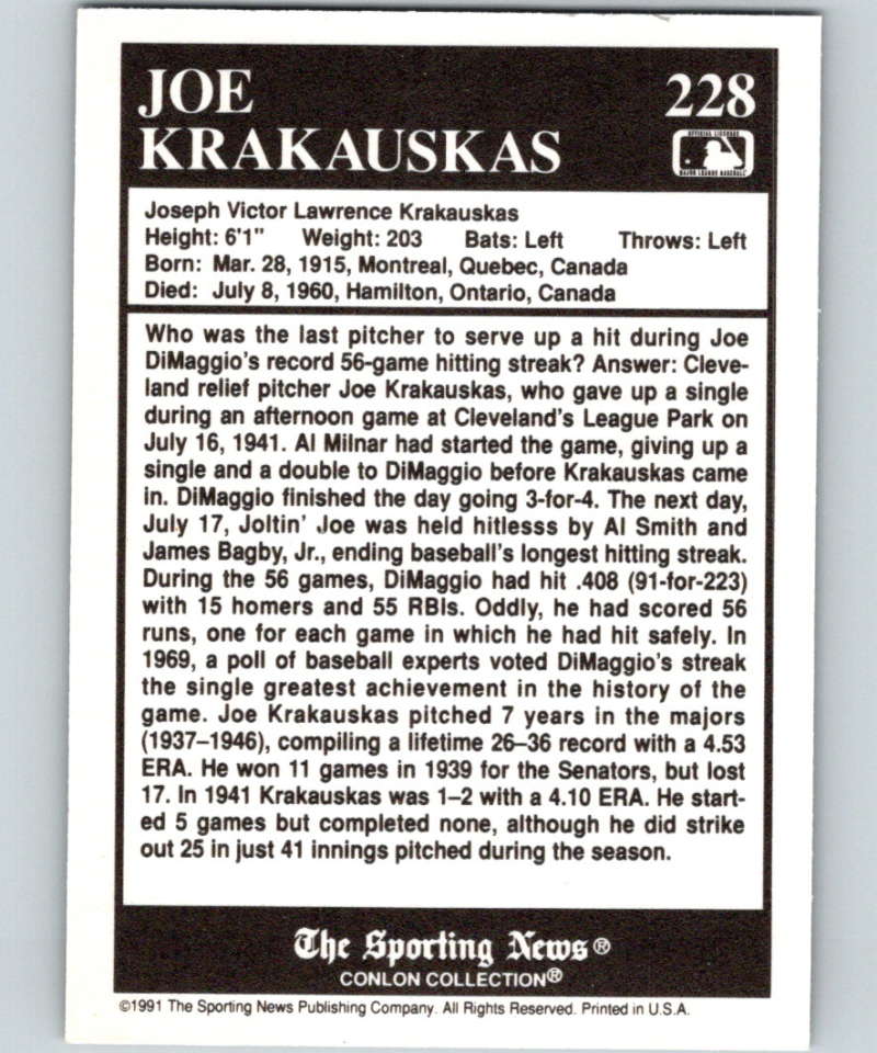 1991 Conlon Collection #228 Joe Krakauskas TRIV NM Cleveland Indians Image 2