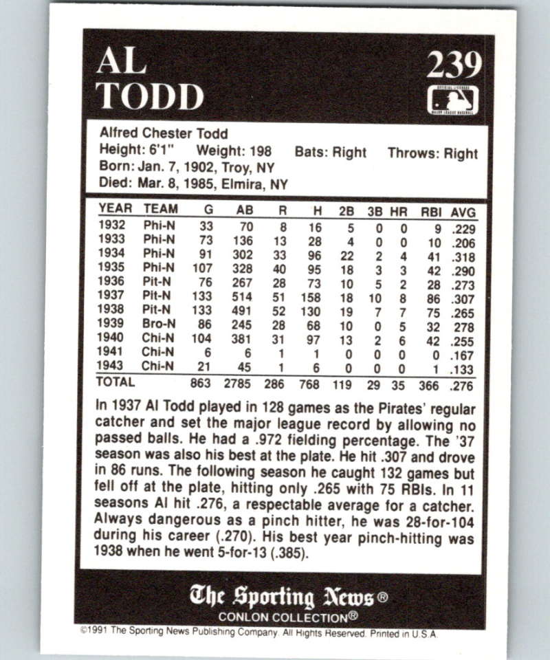1991 Conlon Collection #239 Al Todd NM Philadelphia Phillies Image 2