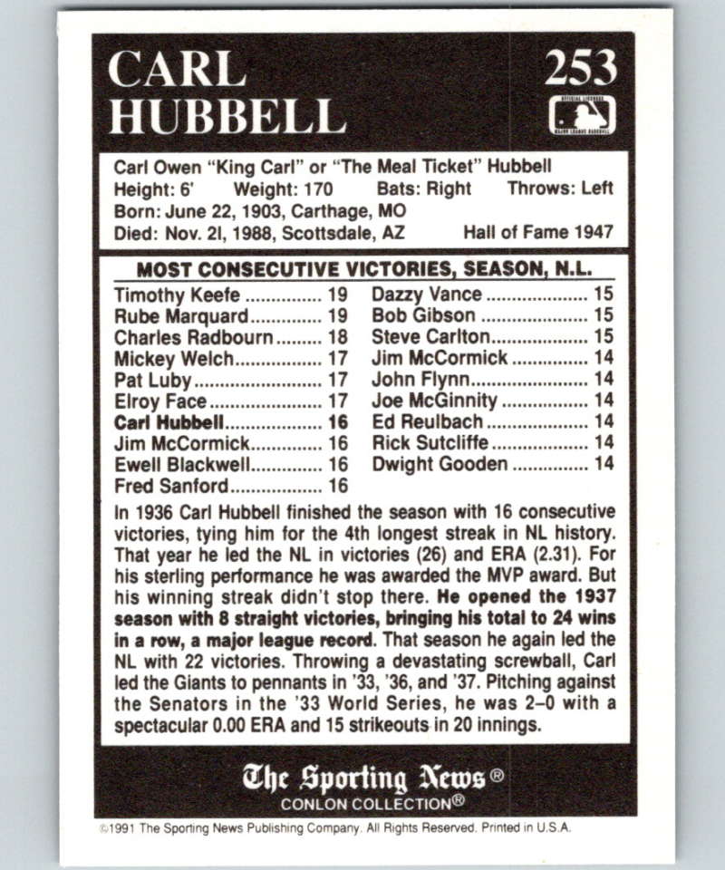 1991 Conlon Collection #253 Carl Hubbell ATL NM New York Giants Image 2