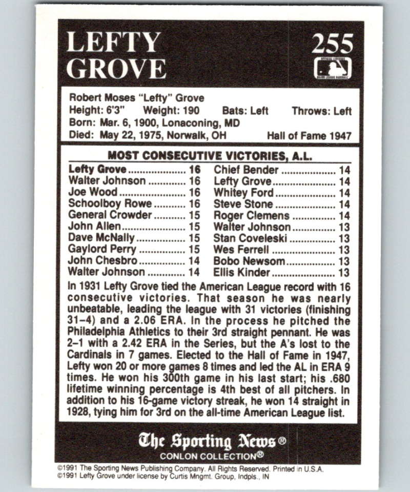 1991 Conlon Collection #255 Lefty Grove ATL NM Philadelphia Athletics Image 2