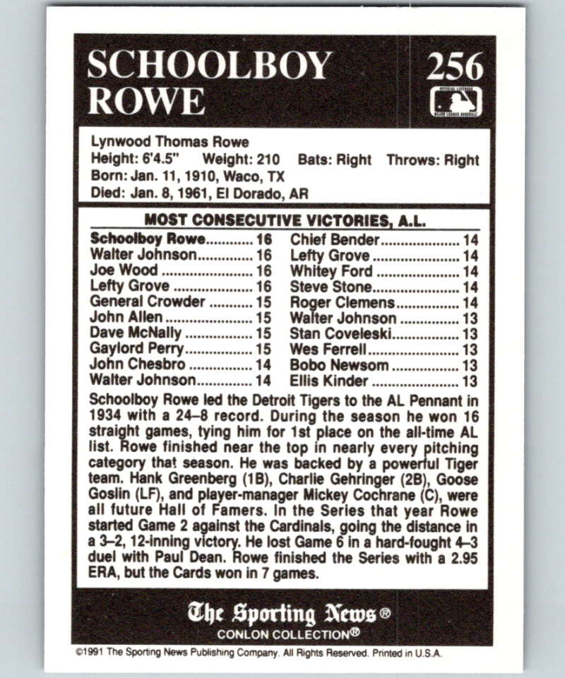 1991 Conlon Collection #256 Schoolboy Rowe ATL NM Detroit Tigers Image 2