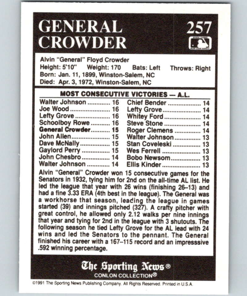 1991 Conlon Collection #257 General Crowder ATL NM Washington Senators Image 2