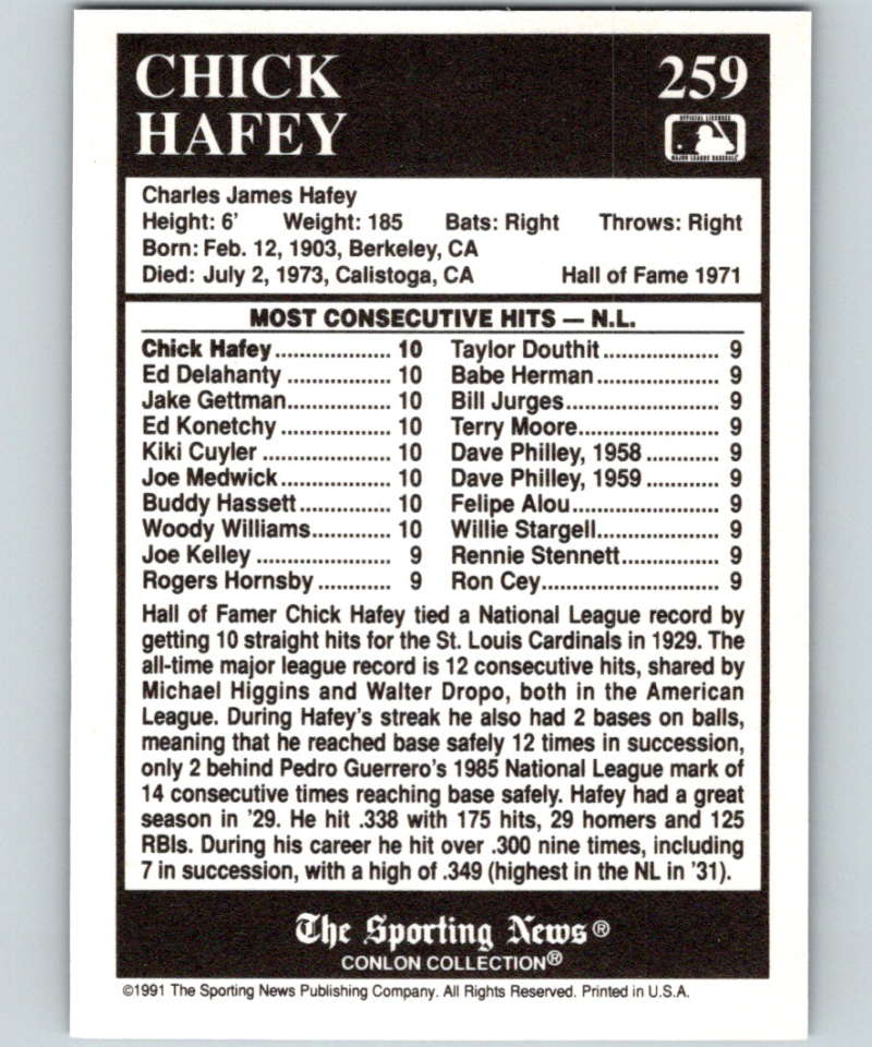 1991 Conlon Collection #259 Chick Hafey ATL NM St. Louis Cardinals Image 2
