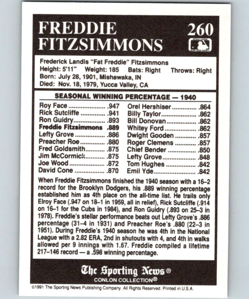 1991 Conlon Collection #260 Freddie Fitzsimmons ATL NM New York Giants Image 2