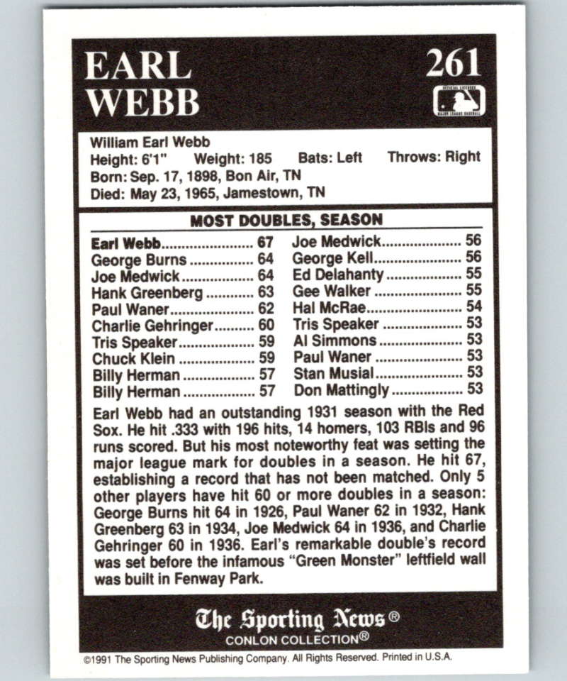 1991 Conlon Collection #261 Earl Webb ATL NM Boston Red Sox Image 2