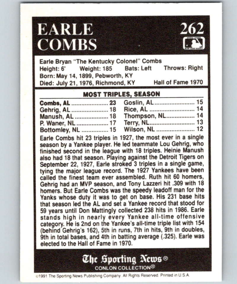 1991 Conlon Collection #262 Earle Combs ATL NM New York Yankees Image 2