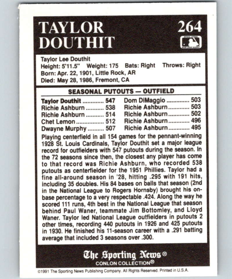 1991 Conlon Collection #264 Taylor Douthit ATL NM St. Louis Cardinals Image 2