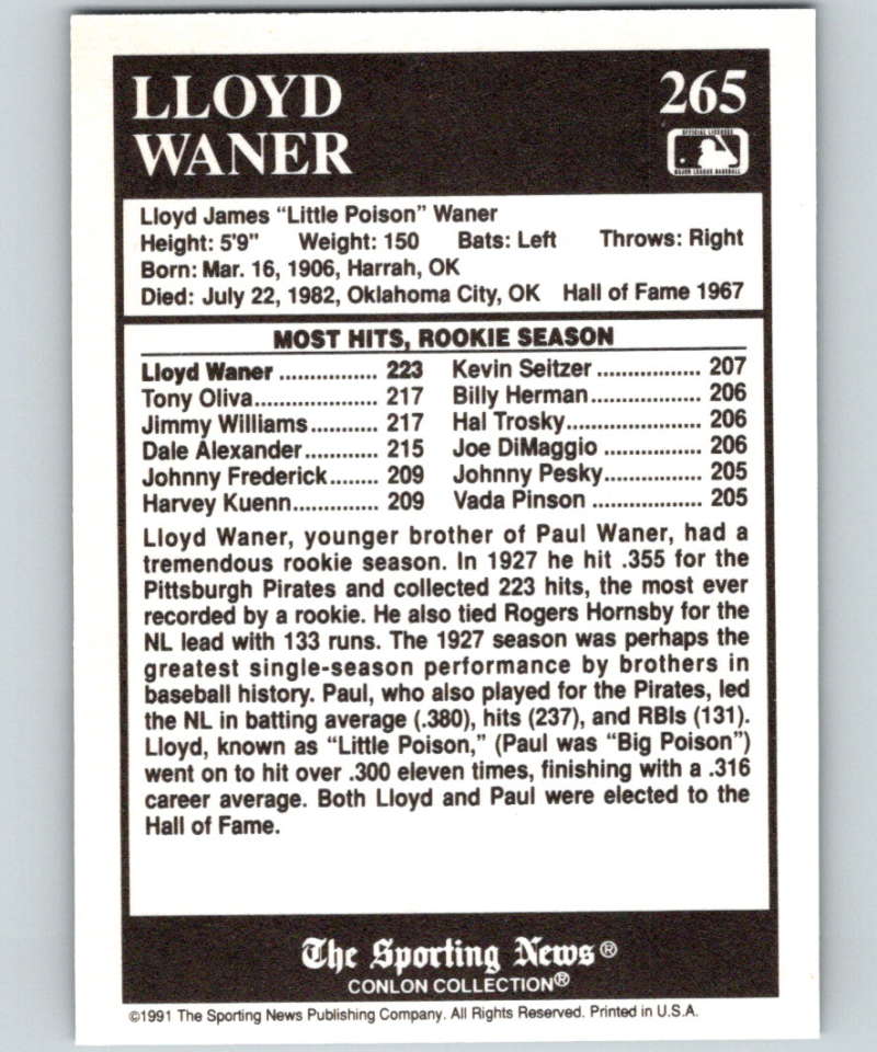 1991 Conlon Collection #265 Lloyd Waner ATL NM Pittsburgh Pirates Image 2