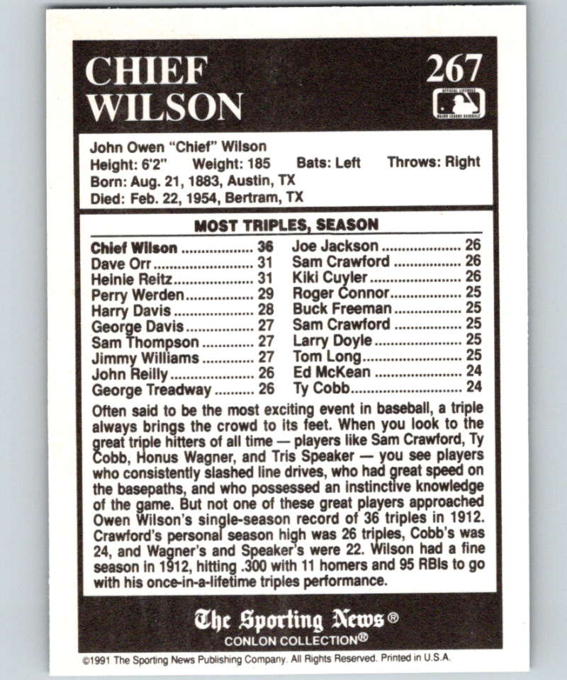 1991 Conlon Collection #267 Chief Wilson ATL NM Pittsburgh Pirates Image 2