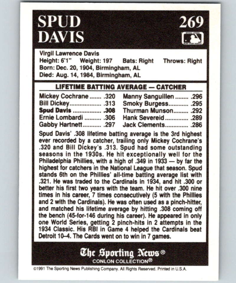1991 Conlon Collection #269 Spud Davis ATL NM St. Louis Cardinals Image 2
