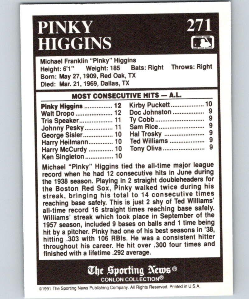 1991 Conlon Collection #271 Pinky Higgins ATL NM Boston Red Sox Image 2