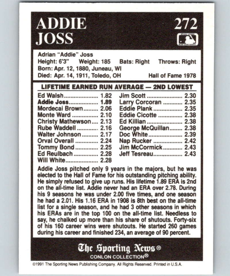 1991 Conlon Collection #272 Addie Joss ATL NM Cleveland Indians Image 2