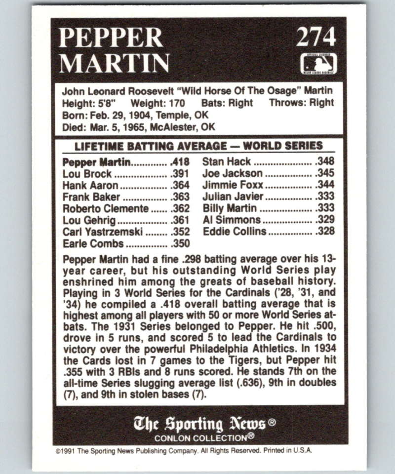1991 Conlon Collection #274 Pepper Martin ATL NM St. Louis Cardinals Image 2