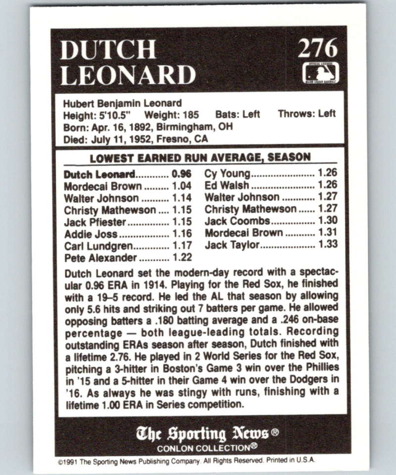 1991 Conlon Collection #276 Dutch Leonard ATL NM Boston Red Sox Image 2