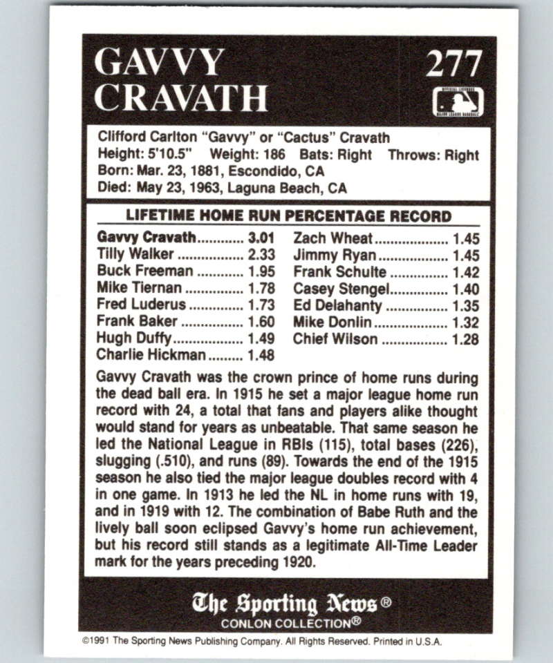 1991 Conlon Collection #277 Gavvy Cravath ATL NM Philadelphia Phillies Image 2