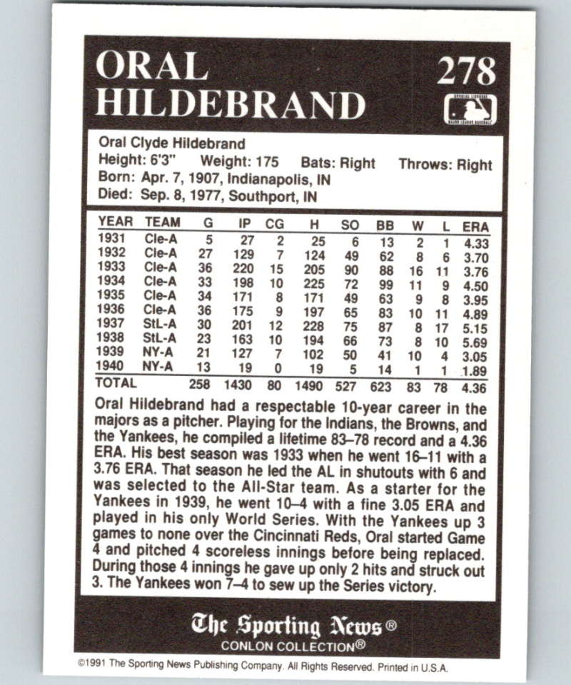 1991 Conlon Collection #278 Oral Hildebrand NM Cleveland Indians Image 2