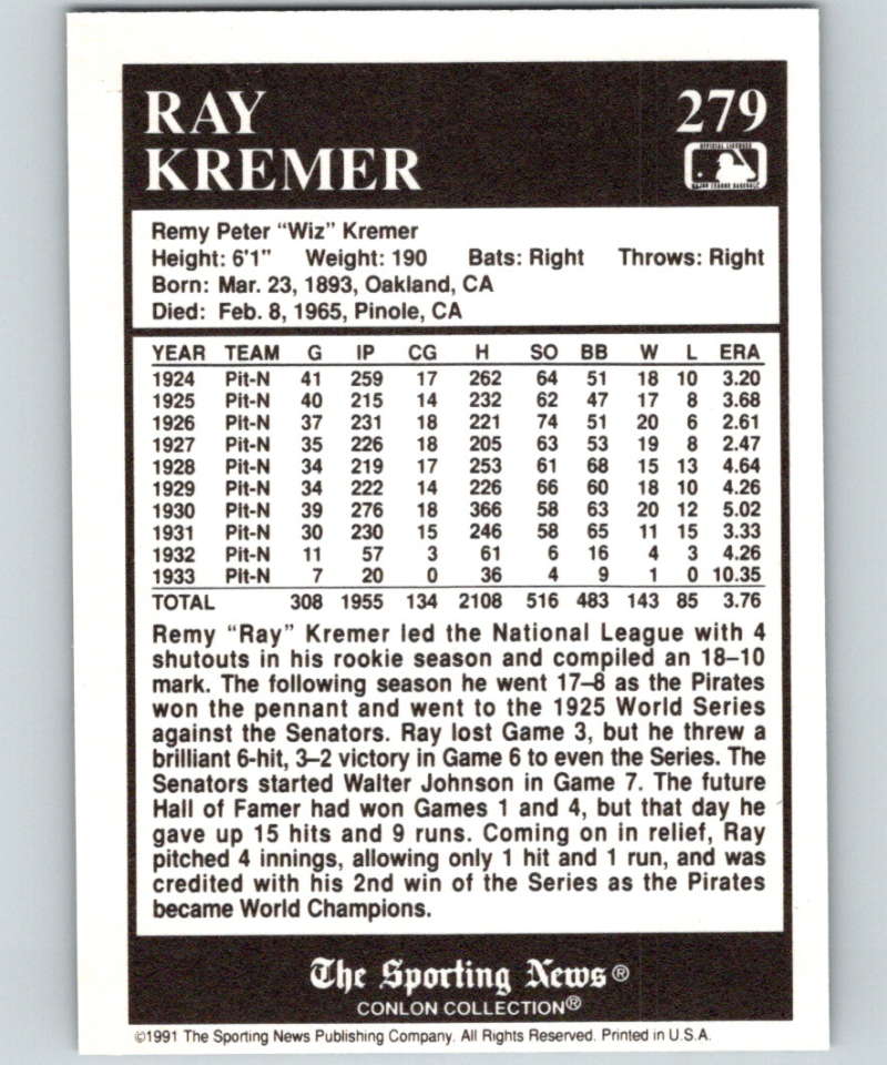 1991 Conlon Collection #279 Ray Kremer NM Pittsburgh Pirates Image 2