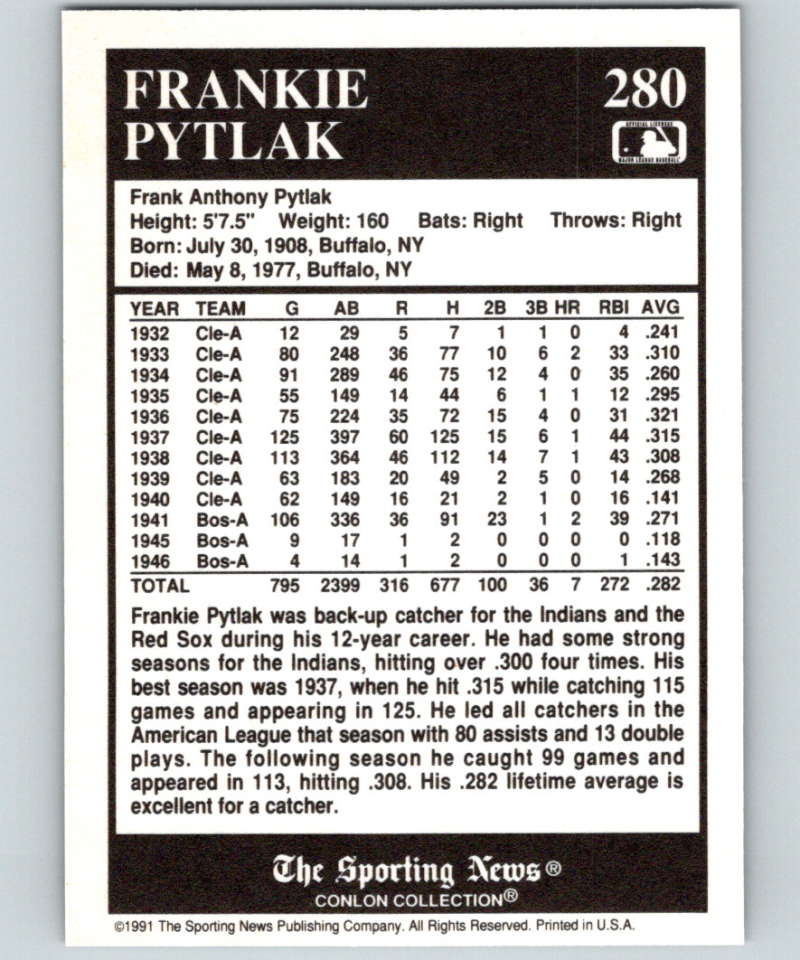 1991 Conlon Collection #280 Frankie Pytlak NM Cleveland Indians Image 2