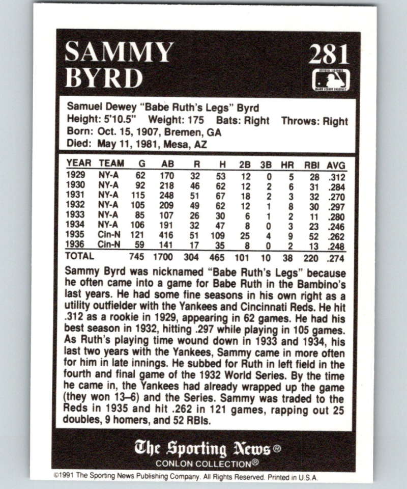 1991 Conlon Collection #281 Sammy Byrd NM Cincinnati Reds Image 2