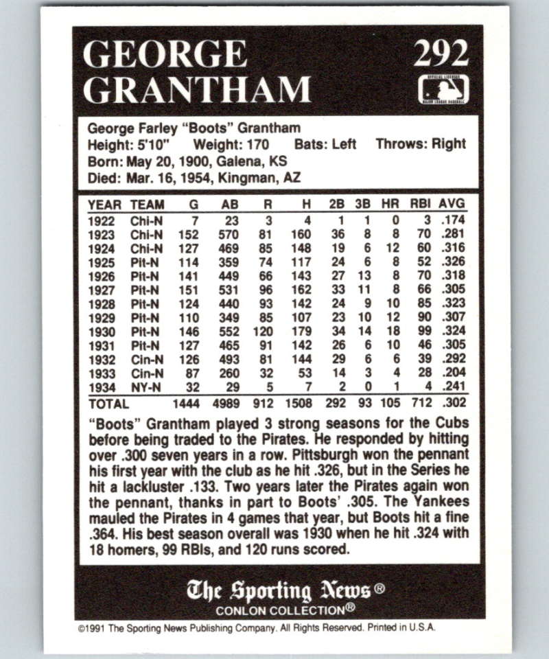 1991 Conlon Collection #292 George Grantham NM Cincinnati Reds Image 2