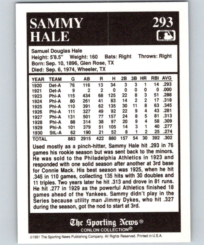 1991 Conlon Collection #293 Sammy Hale NM Philadelphia Athletics Image 2