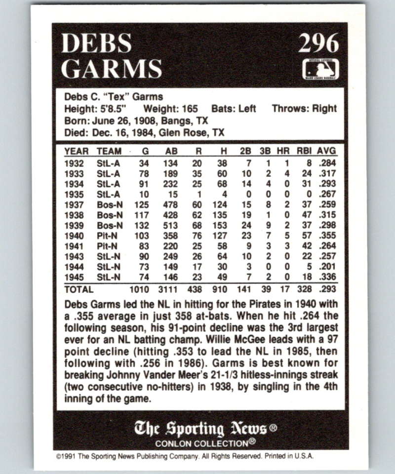 1991 Conlon Collection #296 Debs Garms NM St. Louis Browns Image 2