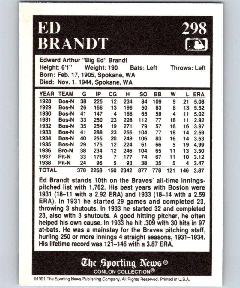 1991 Conlon Collection #298 Ed Brandt NM Boston Braves Image 2
