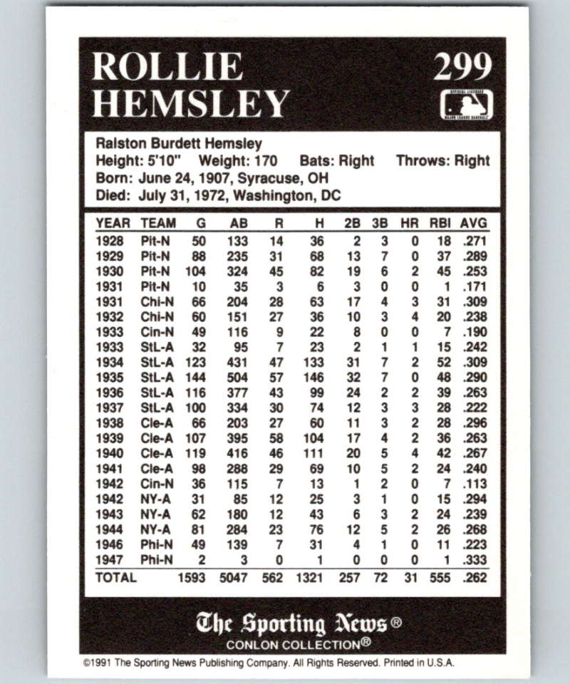 1991 Conlon Collection #299 Rollie Hemsley NM Cleveland Indians Image 2