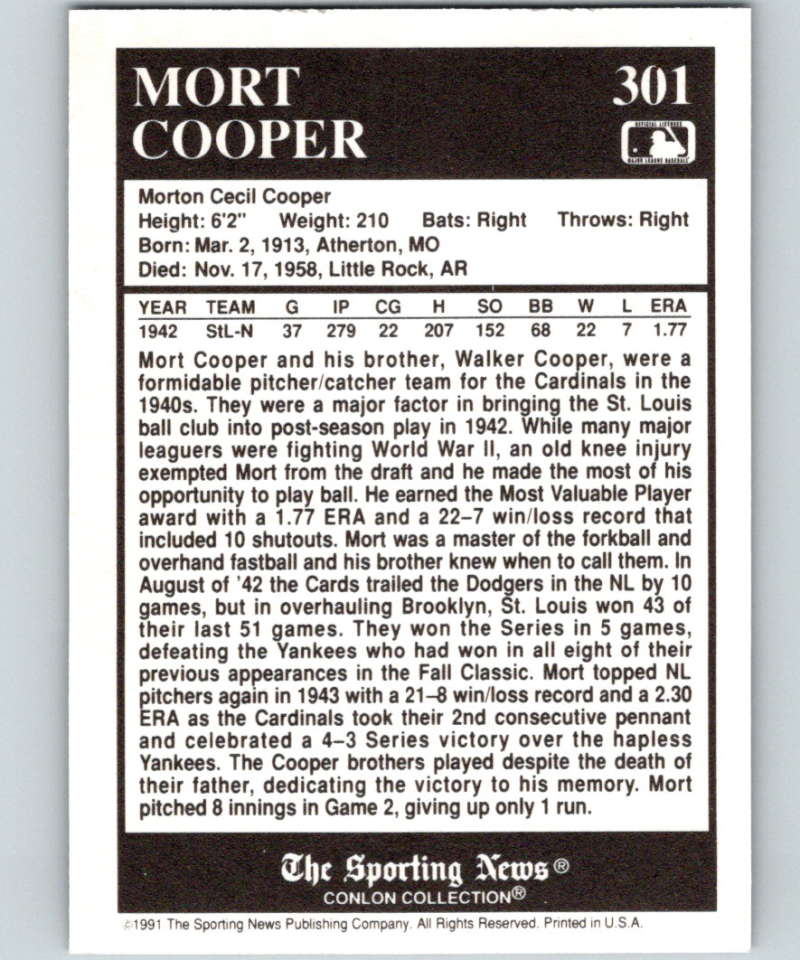 1991 Conlon Collection #301 Mort Cooper MVP NM St. Louis Cardinals Image 2