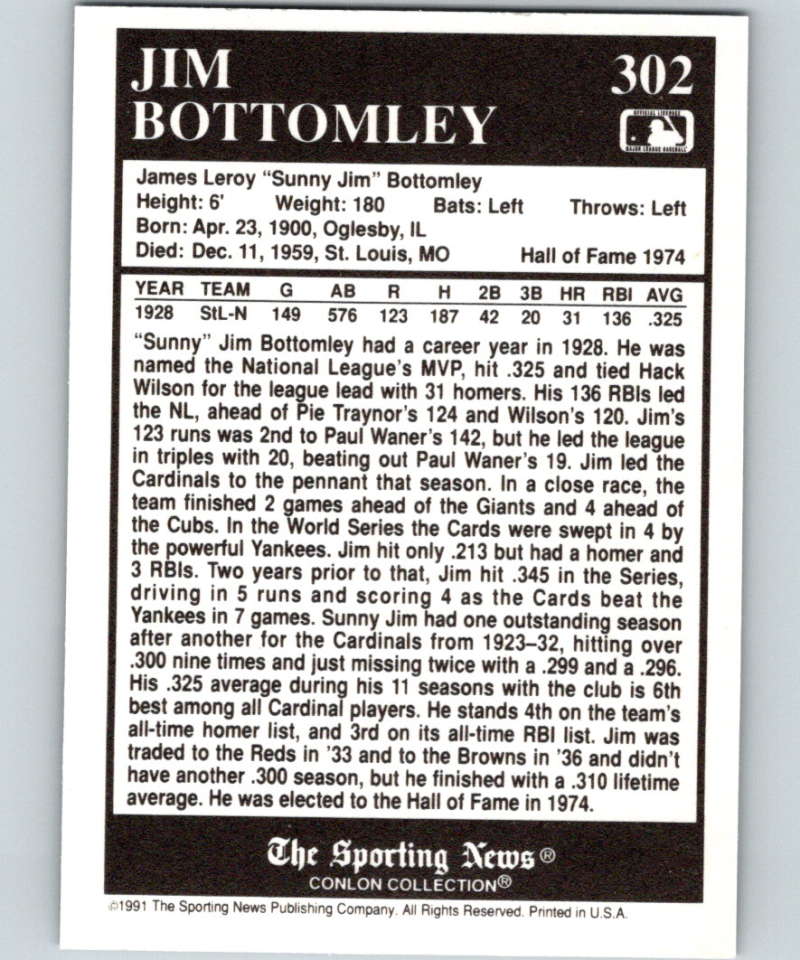 1991 Conlon Collection #302 Jim Bottomley MVP NM St. Louis Cardinals Image 2
