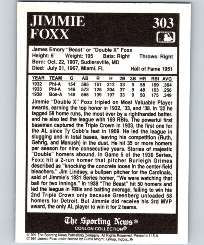 1991 Conlon Collection #303 Jimmie Foxx MVP NM Philadelphia Athletics Image 2