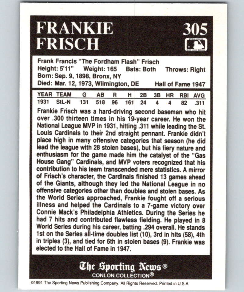1991 Conlon Collection #305 Frankie Frisch MVP NM St. Louis Cardinals Image 2