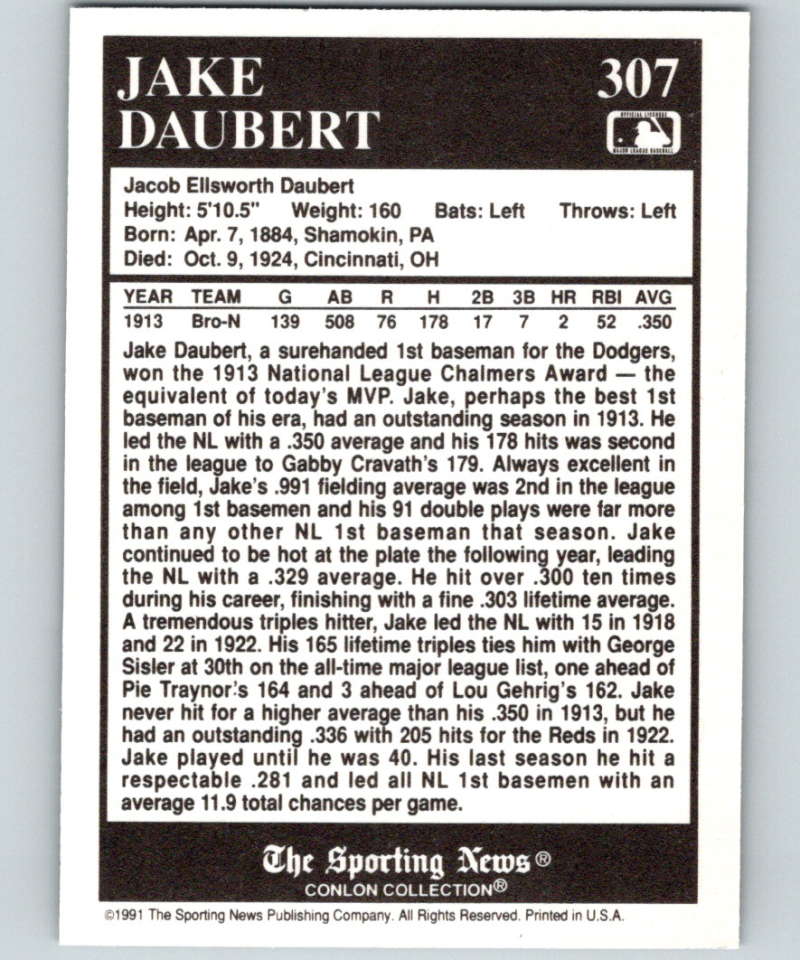 1991 Conlon Collection #307 Jake Daubert MVP NM Brooklyn Dodgers Image 2