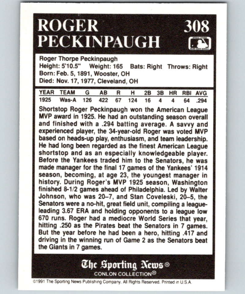 1991 Conlon Collection #308 Roger Peckinpaugh MVP NM Washington Senators Image 2