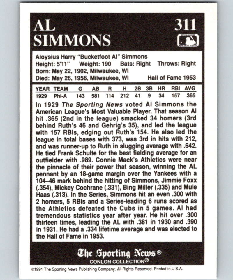 1991 Conlon Collection #311 Al Simmons MVP NM Philadelphia Athletics Image 2