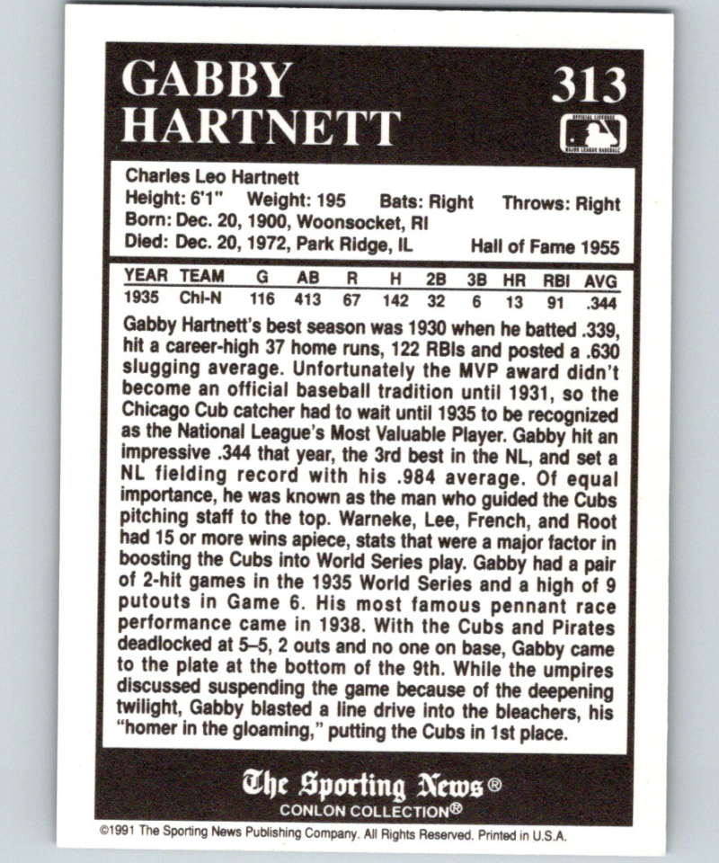 1991 Conlon Collection #313 Gabby Hartnett MVP NM Chicago Cubs Image 2